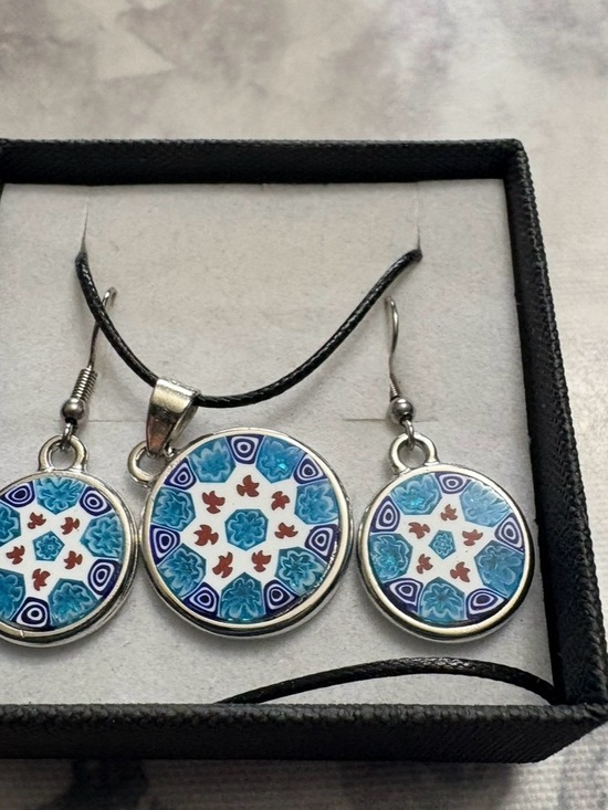 Murano Jewelry - Murano Blue White and Red Millefiori Drop Earrings
